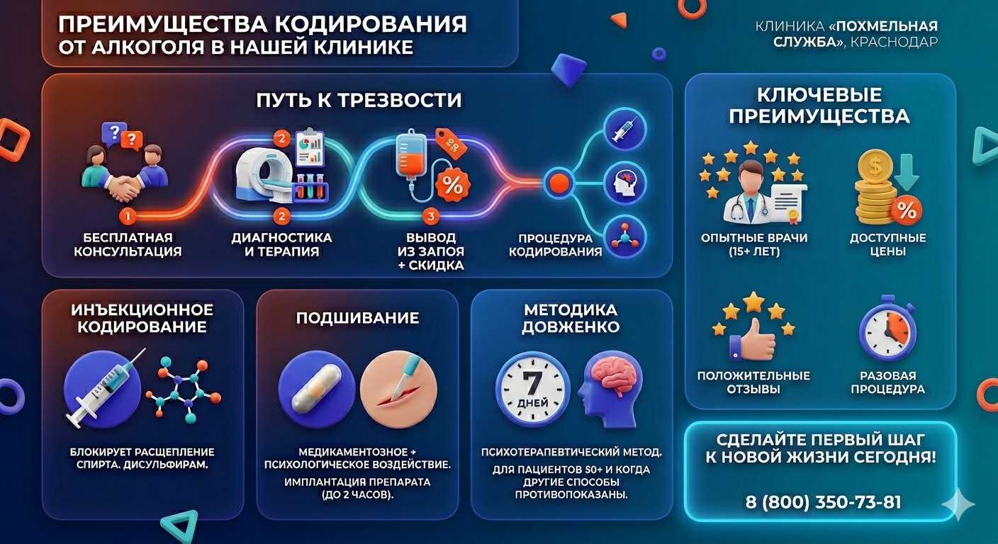 Инфографика о методах кодирования от алкоголя в Лосино-Петровском: инъекции, подшивание, метод Довженко. Преимущества клиники и этапы лечения.