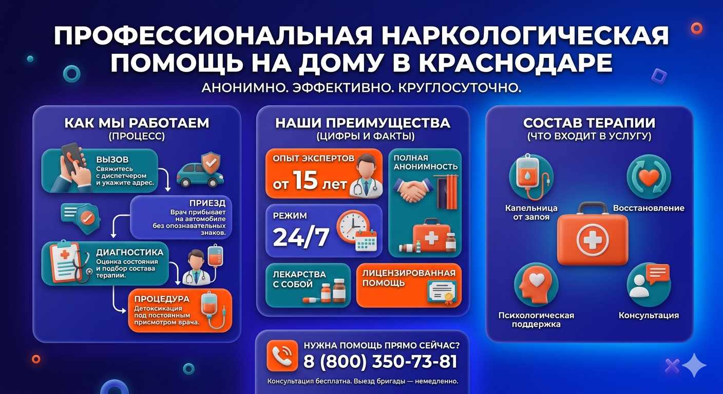 Инфографика о принципах лечения алкоголизма на дому в Лосино-Петровском: этапы вызова нарколога, преимущества анонимной детоксикации и состав медицинской помощи.